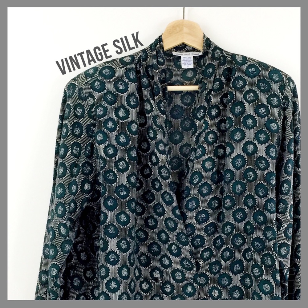 [ vintage ] green silk print double breasted top