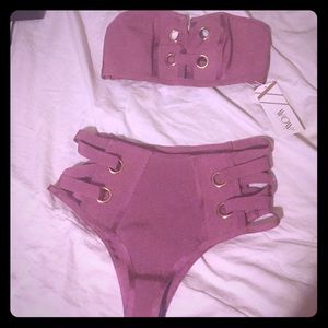 Mauve Bikini. High Wasted Bottoms & Strapless Top