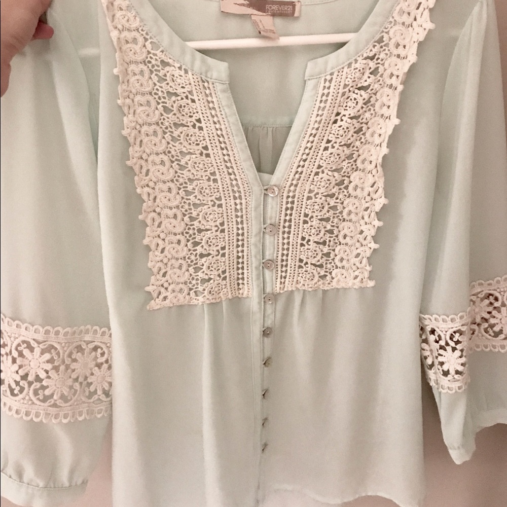 Chiffon long sleeve teal and white blouse