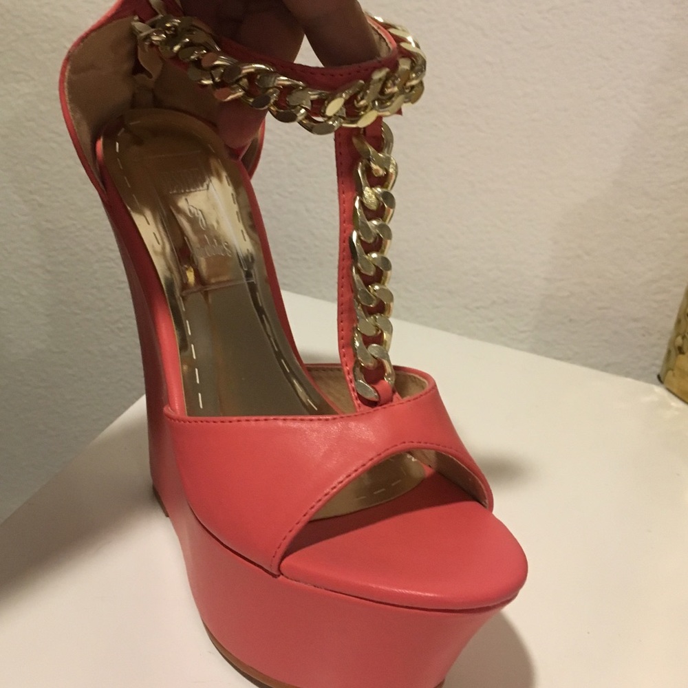 Coral pink chain wedges