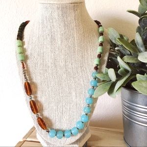 Green/blue/brown long beaded necklace