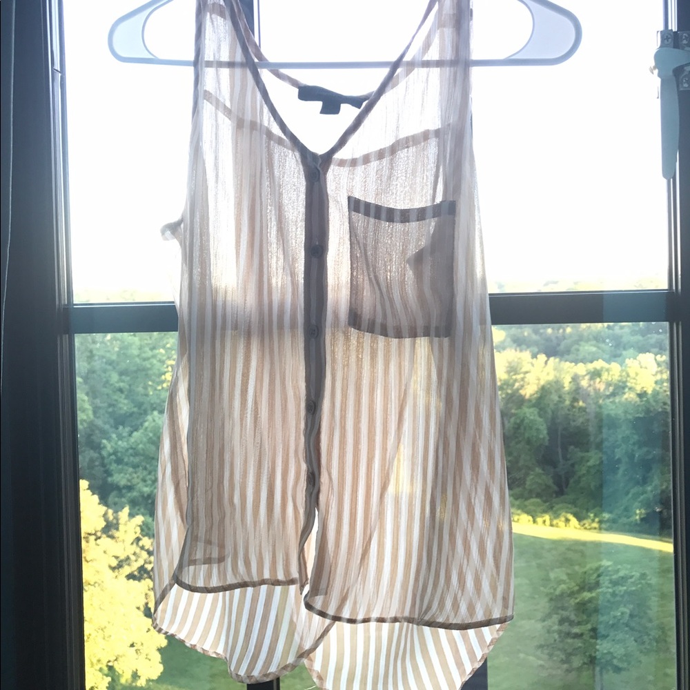 Tan and white striped chiffon tank top blouse