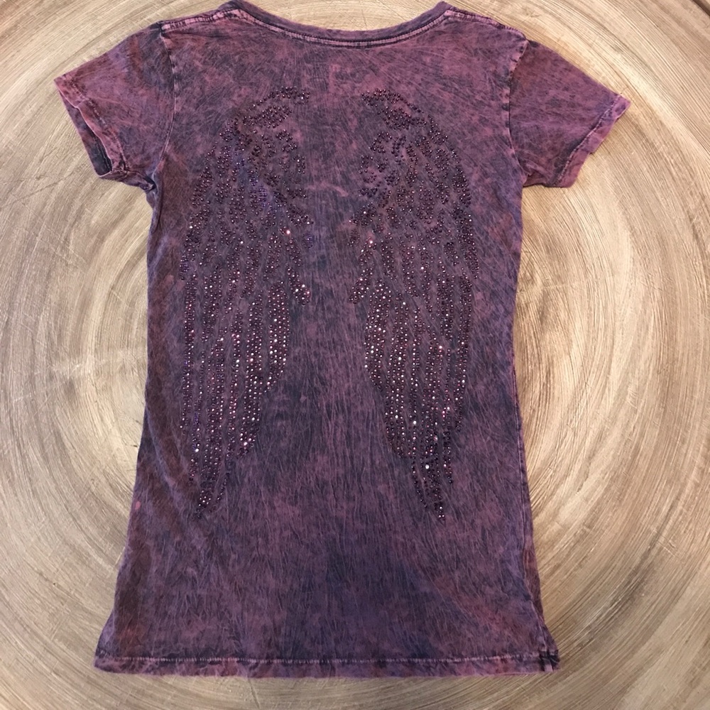 V Neck Shirt with Rhinestone Angel Wings.