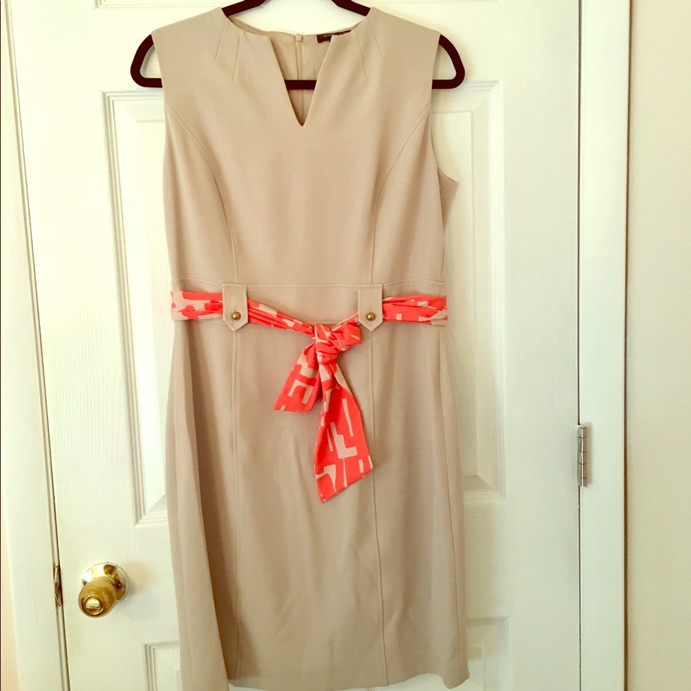 Tahari tan and coral dress