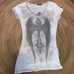 V Neck Shirt With Rhinestone, Angel Wing Cross.