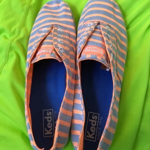 Gray and orange striped Keds