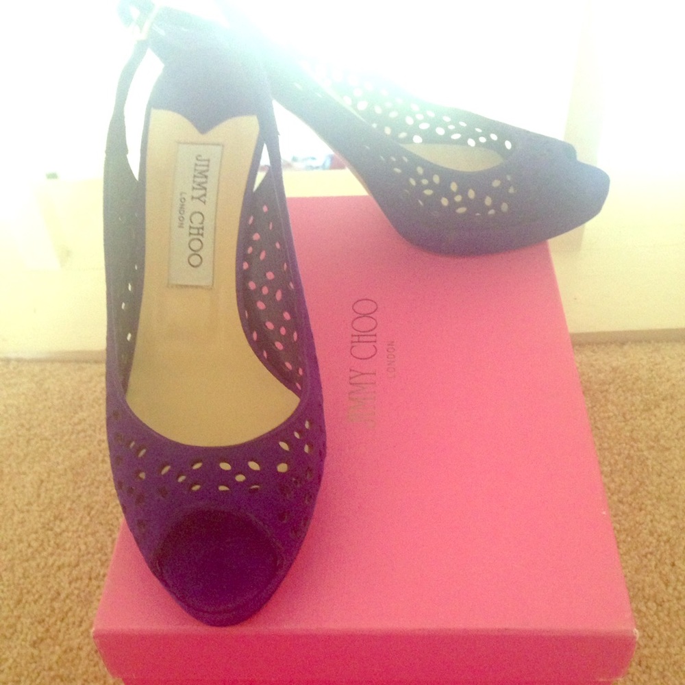 Jimmy Choo purple suede open toe sling back heels!