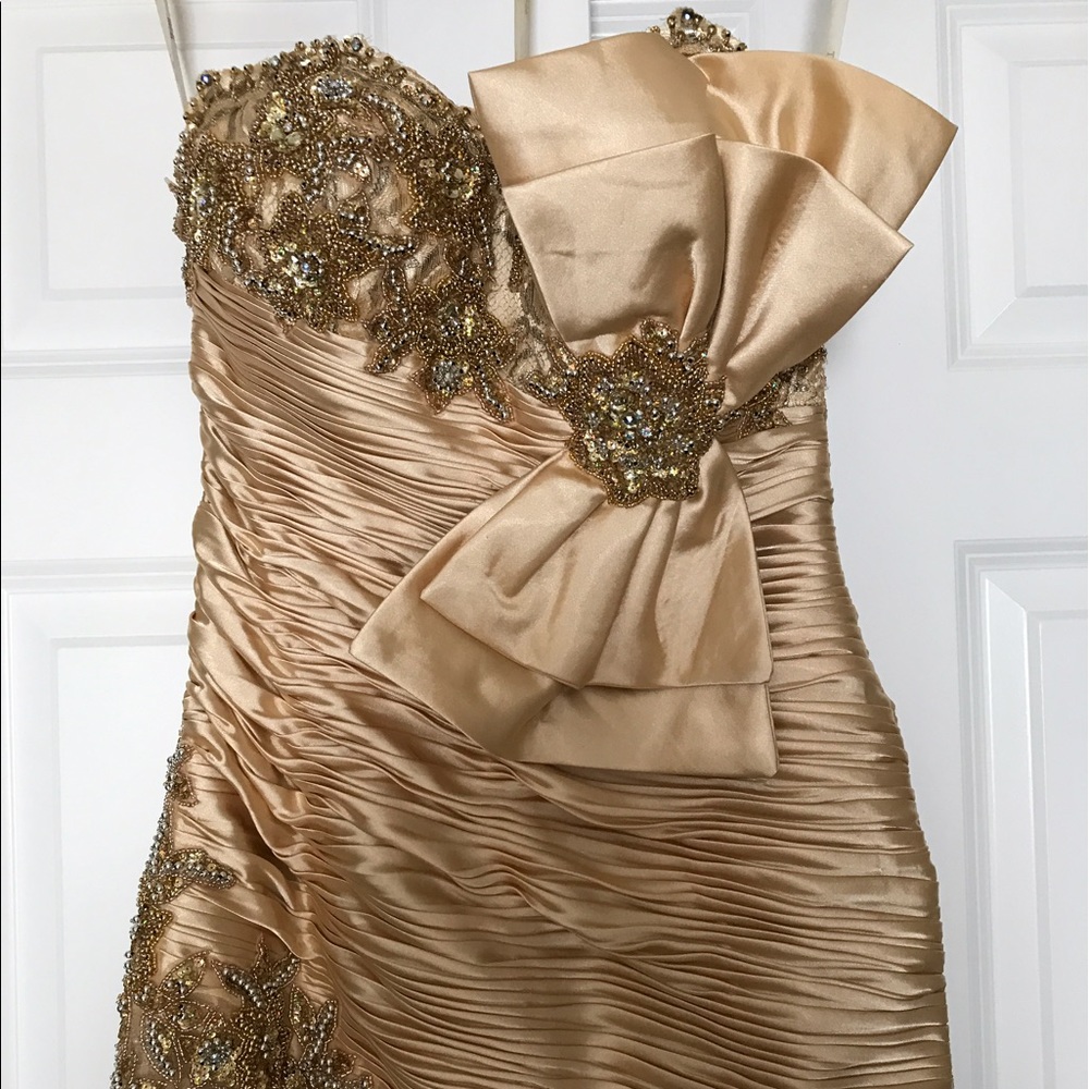 Gold beaded Terani Couture strapless gown