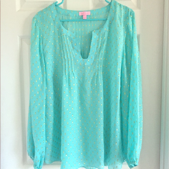 Lilly Pulitzer Tops - Aqua and Gold Blouse