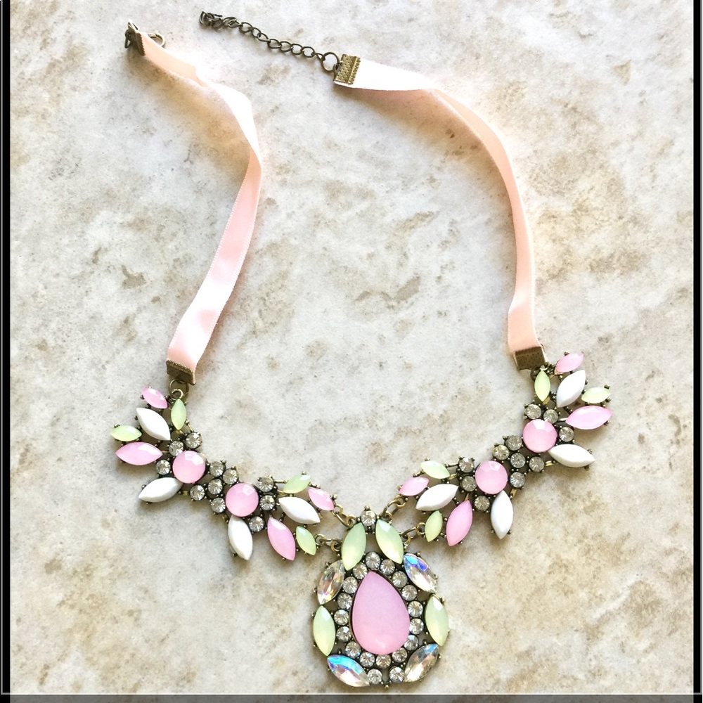 pink multi color necklace choker with ribbon