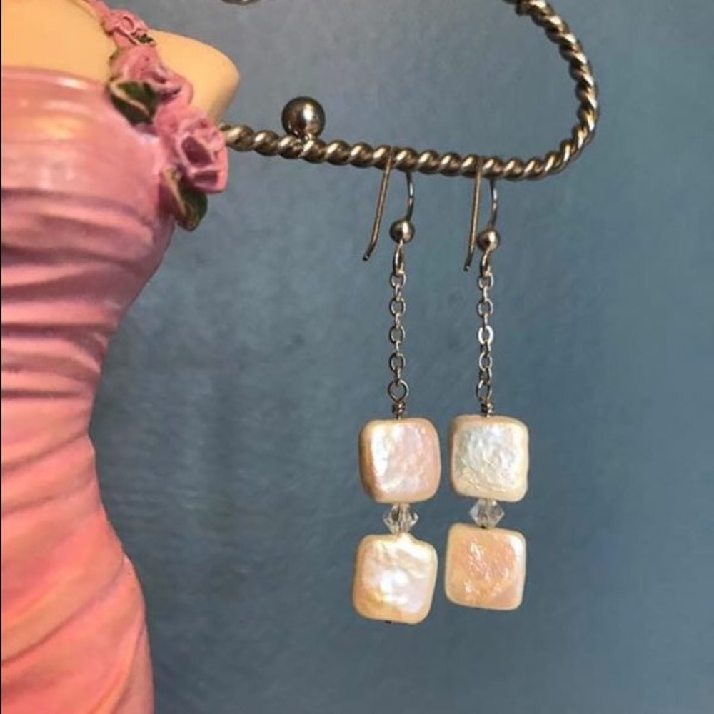 Square Tiles Freshwater Pearl Earrings