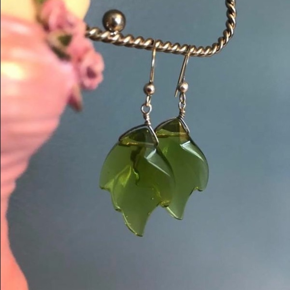 Jade-Colored Glass Leaf Earrings