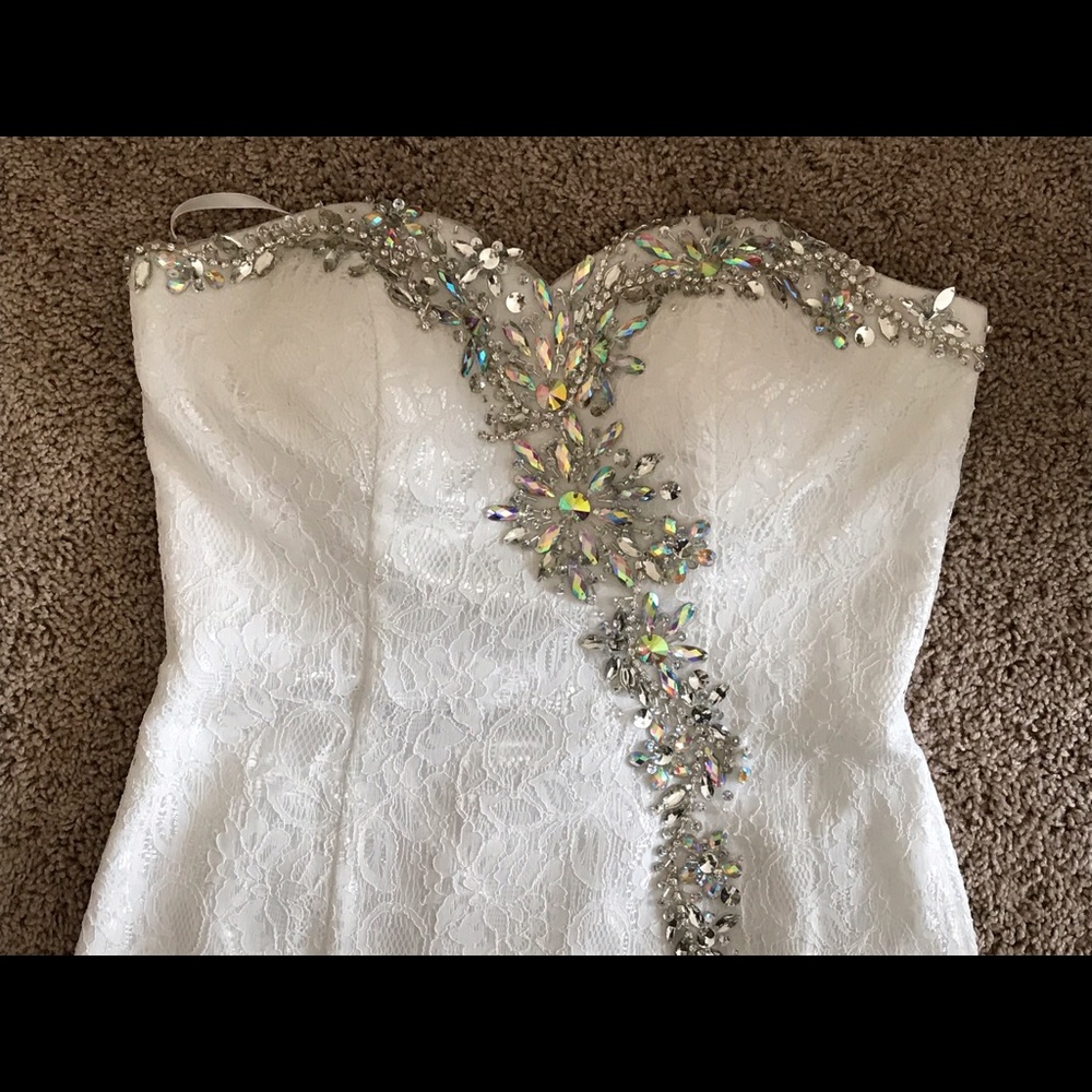 Strapless Beaded White Lace Formal Gown