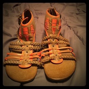 Tan leather and neon orange gladiator sandals