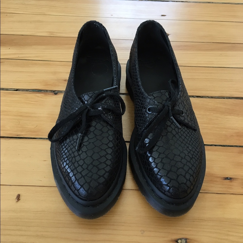Dr. Martens black leather snake print loafers