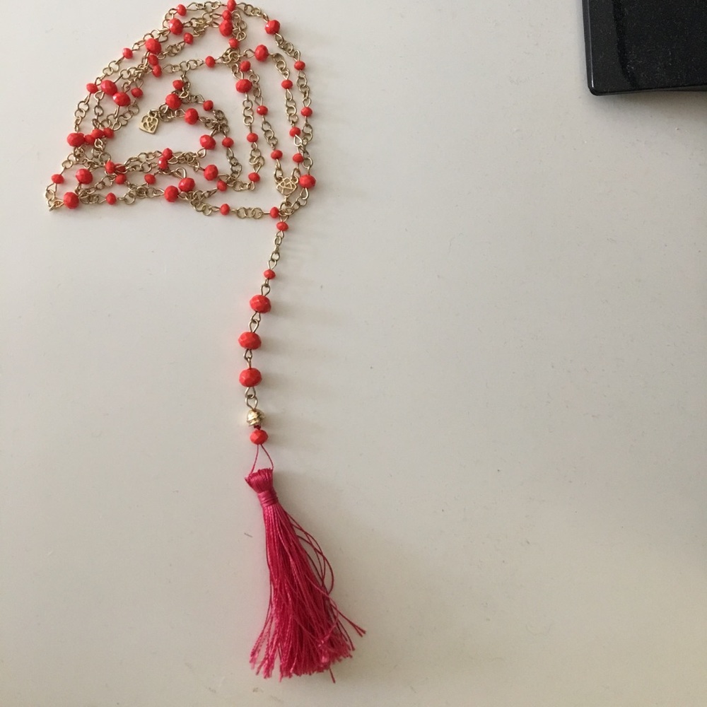 Long coral tassel necklace