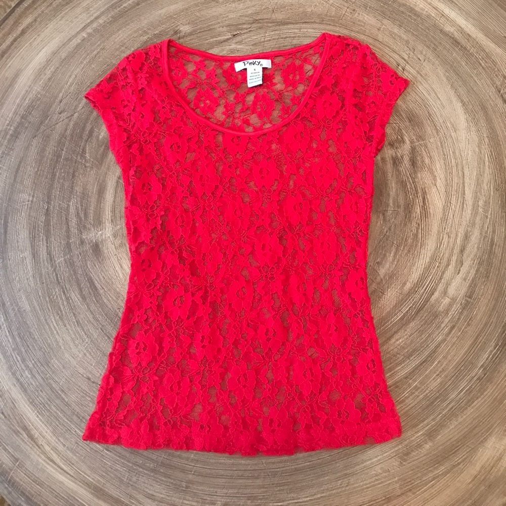 A Red, Short Sleeved, Lace Shirt.
