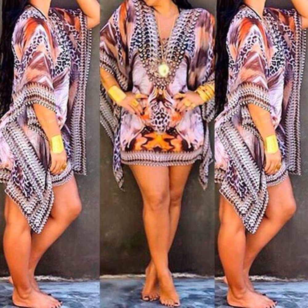 Batwing Sleeve V Neck Printed Mini Dress