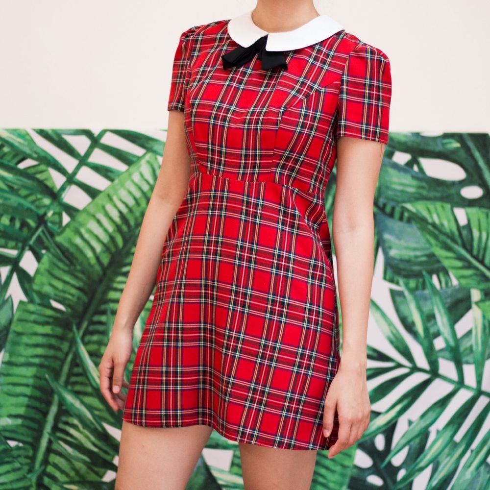 Primark red plaid shift dress Peter Pan collar