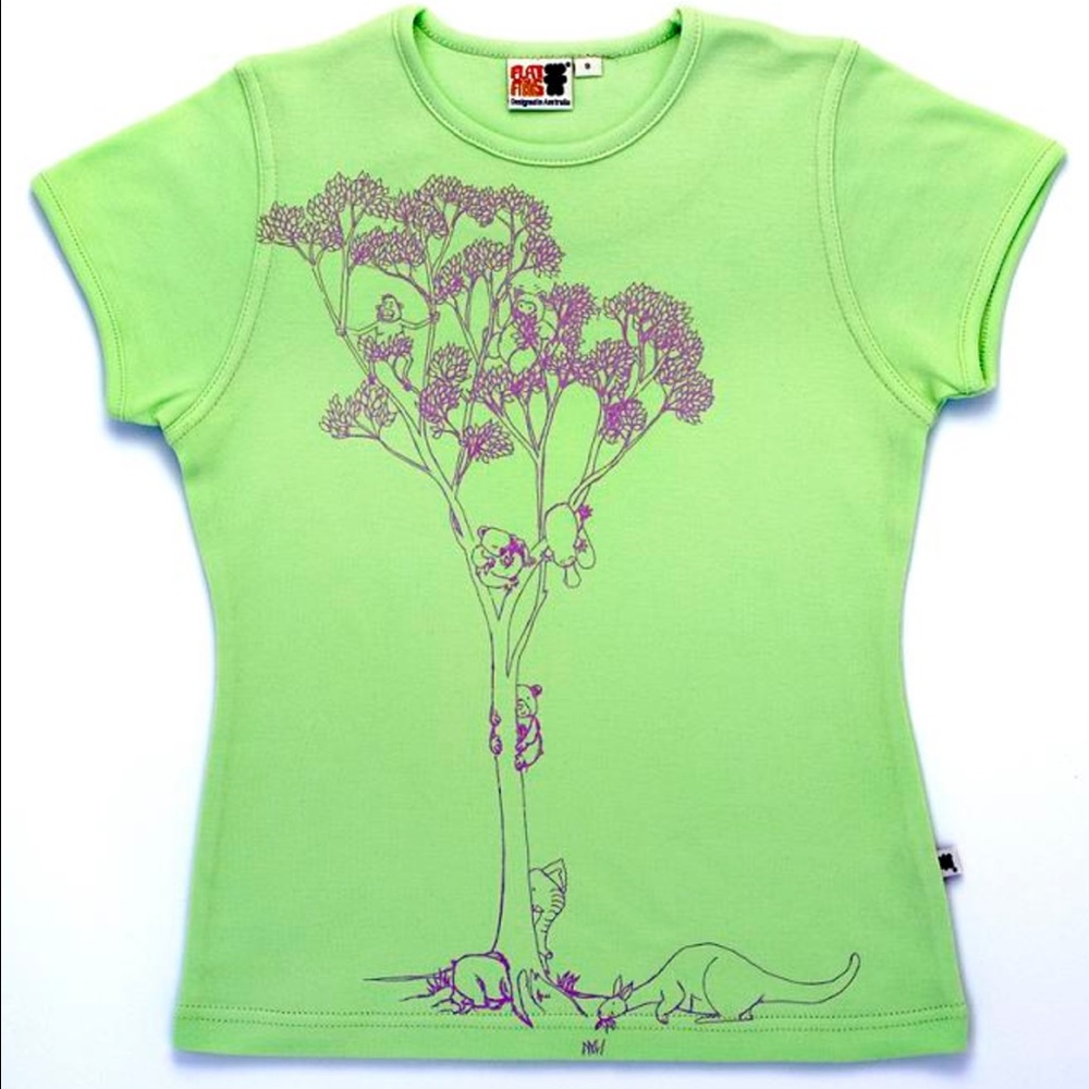 Girls Tee- lime green color, gum tree and animals