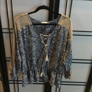 Boho paisley tassel lace up cotton blouse