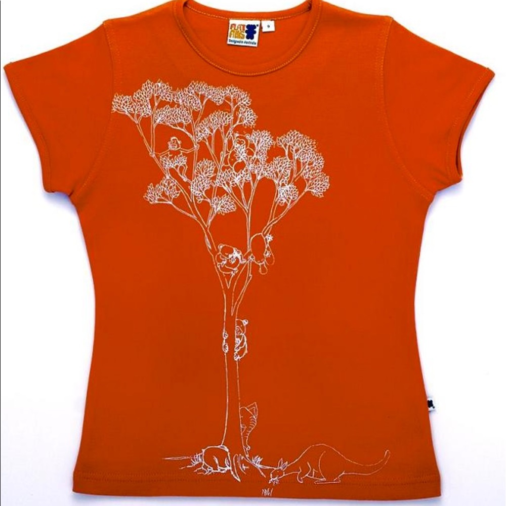 Girls tee-earth orange color, gum tree and animals
