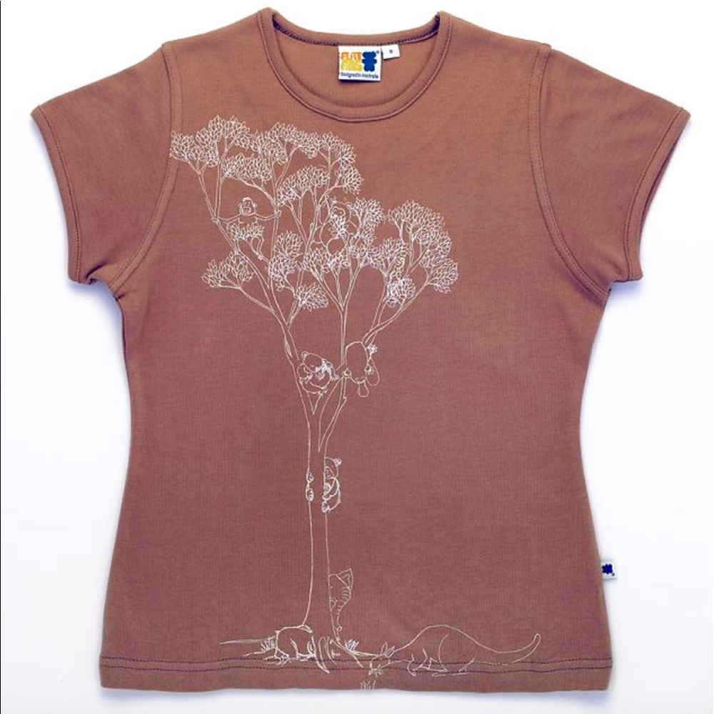 Girls tee- brown color, gum tree and animals