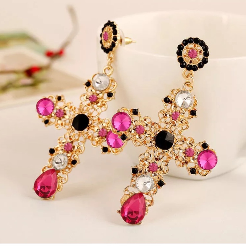 Gold pink & black oversized cross dangle earrings