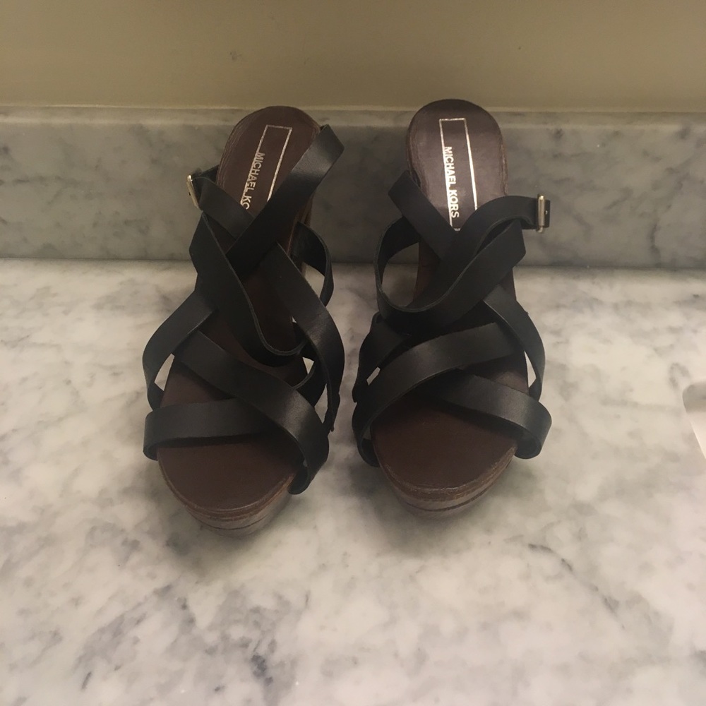 New Michael Kors Black Wood Heel Sandals 6.5 7