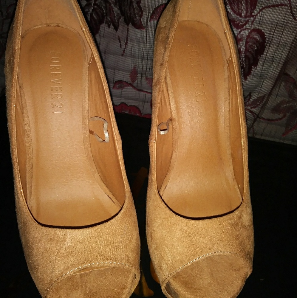 Forever 21 "suede" tan peeptoe stilettos