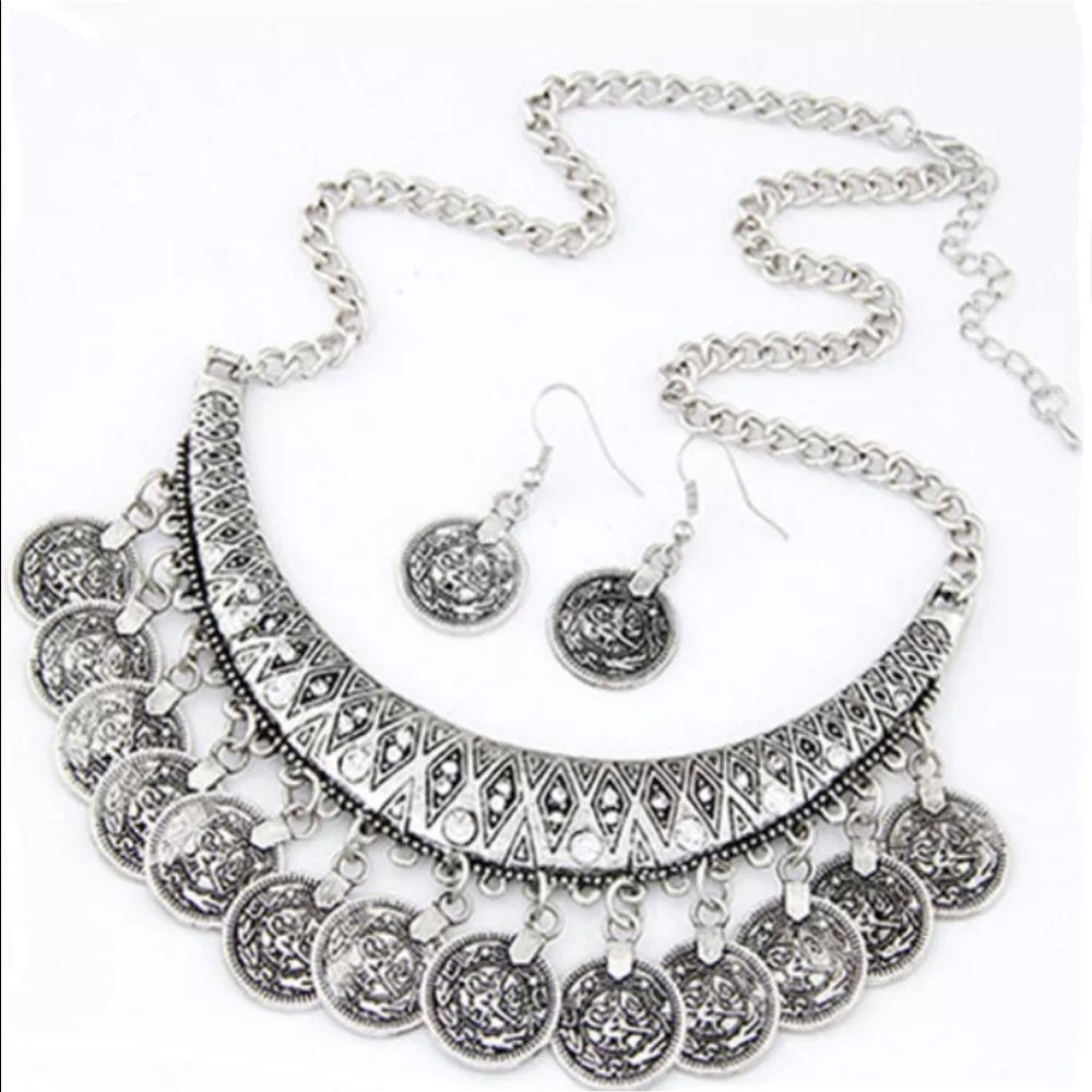 Silver dangling coin bib necklace & earrings set