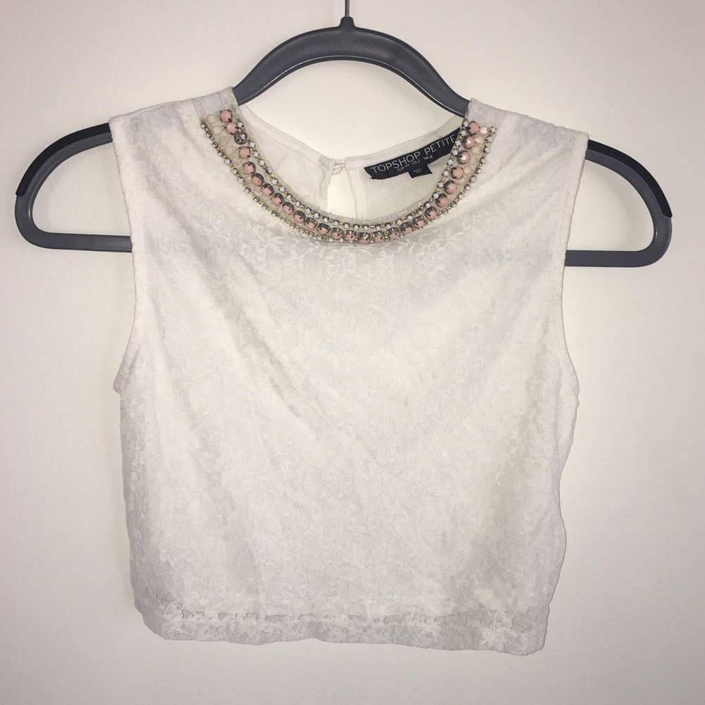 White lace crop tank w/ embellishment