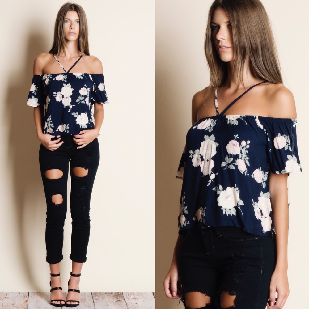 DEE Off Shoulder Floral Top - NAVY - Picture 2 of 3