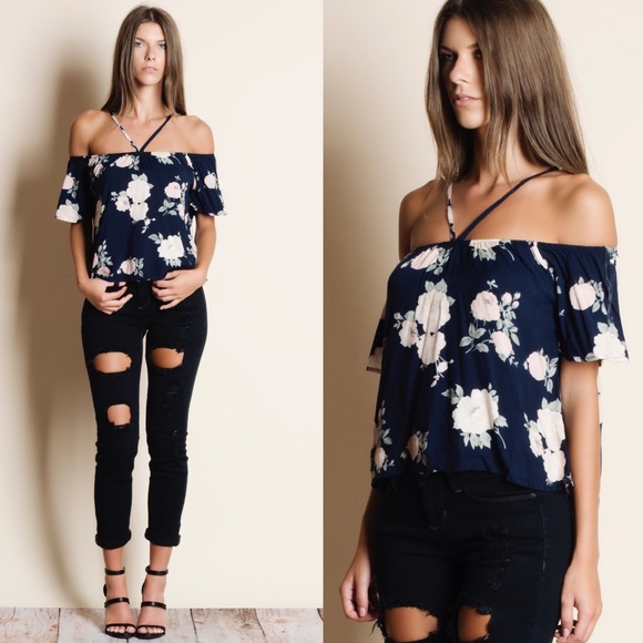 Bellanblue Tops - DEE Off Shoulder Floral Top - NAVY Bellanblue Tops - DEE Off Shoulder Floral Top - NAVY