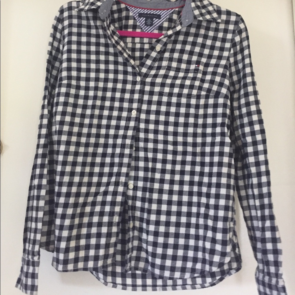 Blue and white gingham button down top