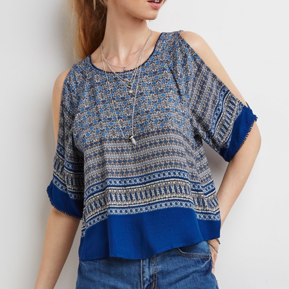 Blue open shoulder blouse