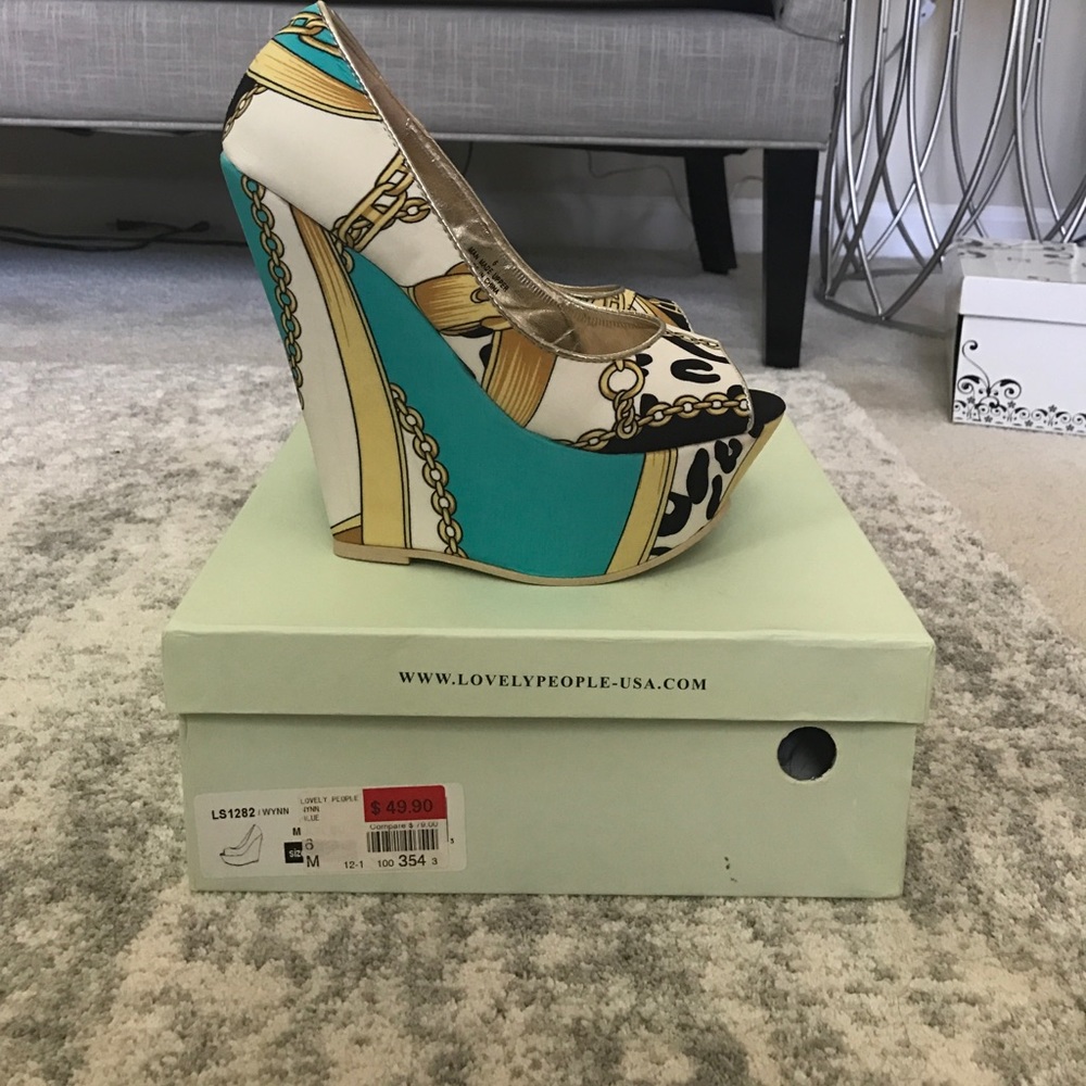 Lovely People teal black and gold wedges