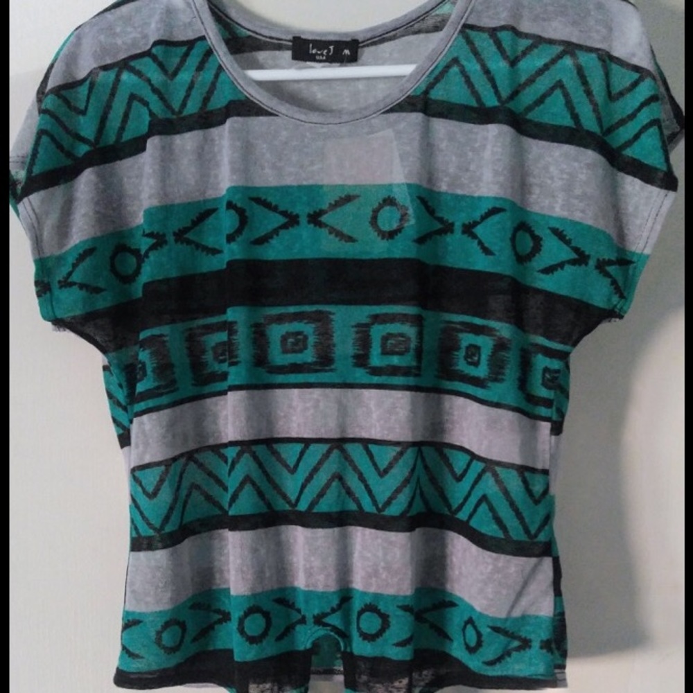 Black gray and teal/turquoise tie front tribal tee