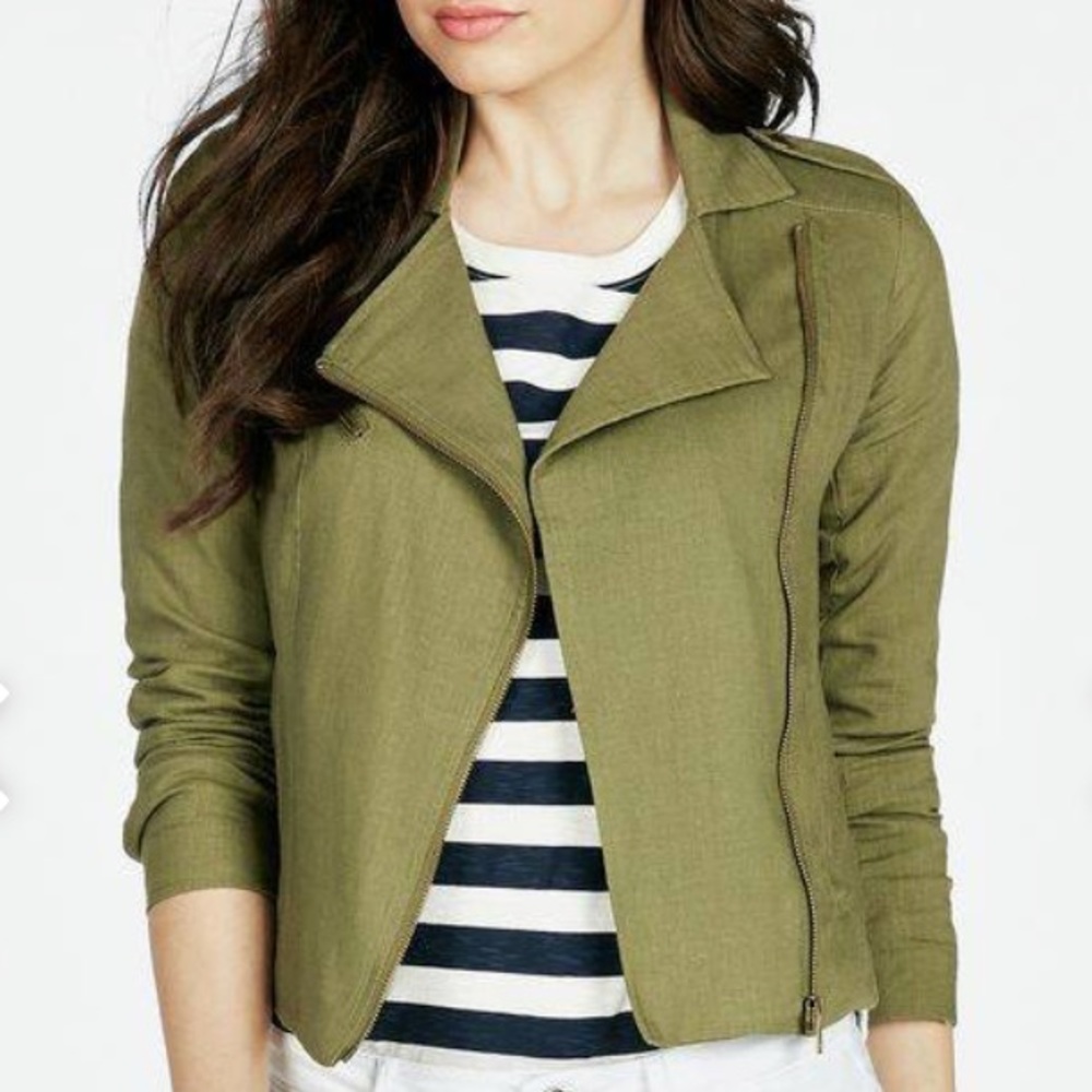 linen moto jacket zip closure & decorative pocket.