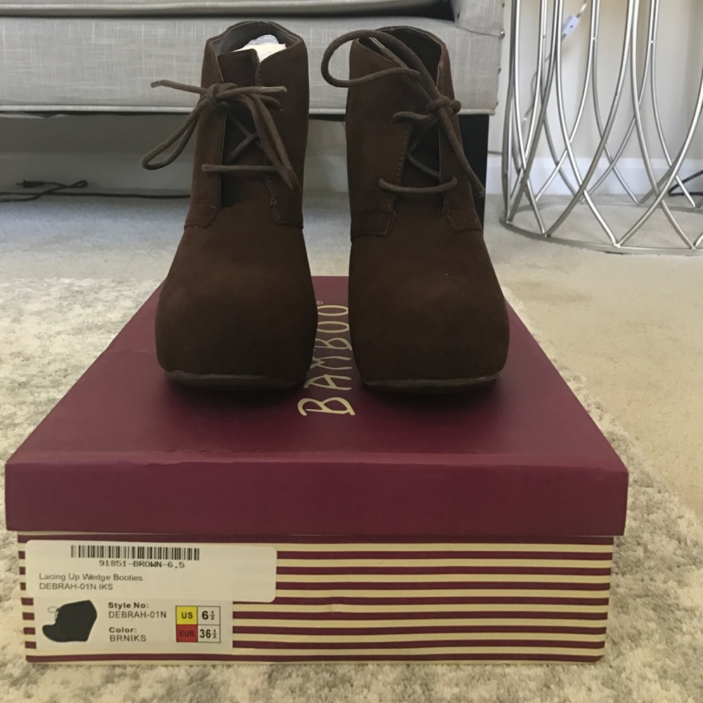 Bamboo brand, brown lace-up suede wedge booties