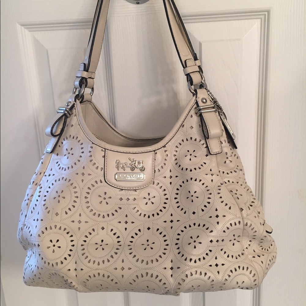 Cream Leather Coach Madison Maggie Laser Cut purse
