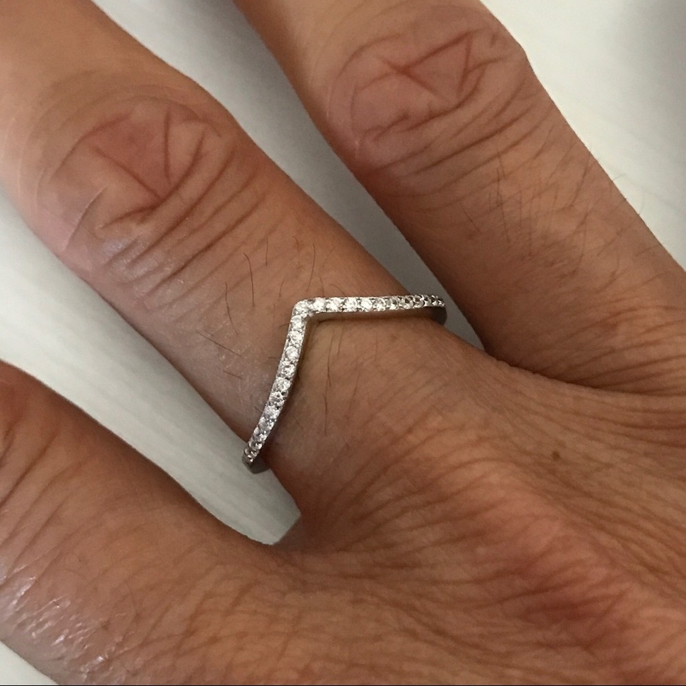 Sterling Silver V Shape Cz Ring, Stackable Jewelr… - image 2