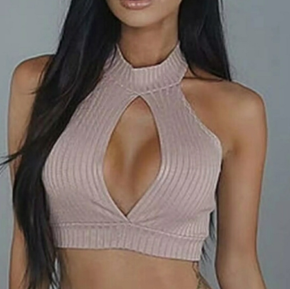 Pink ribbed choker crop top