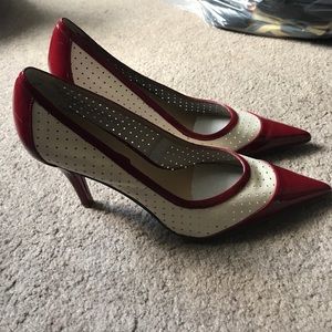 Red and off white perforated heels