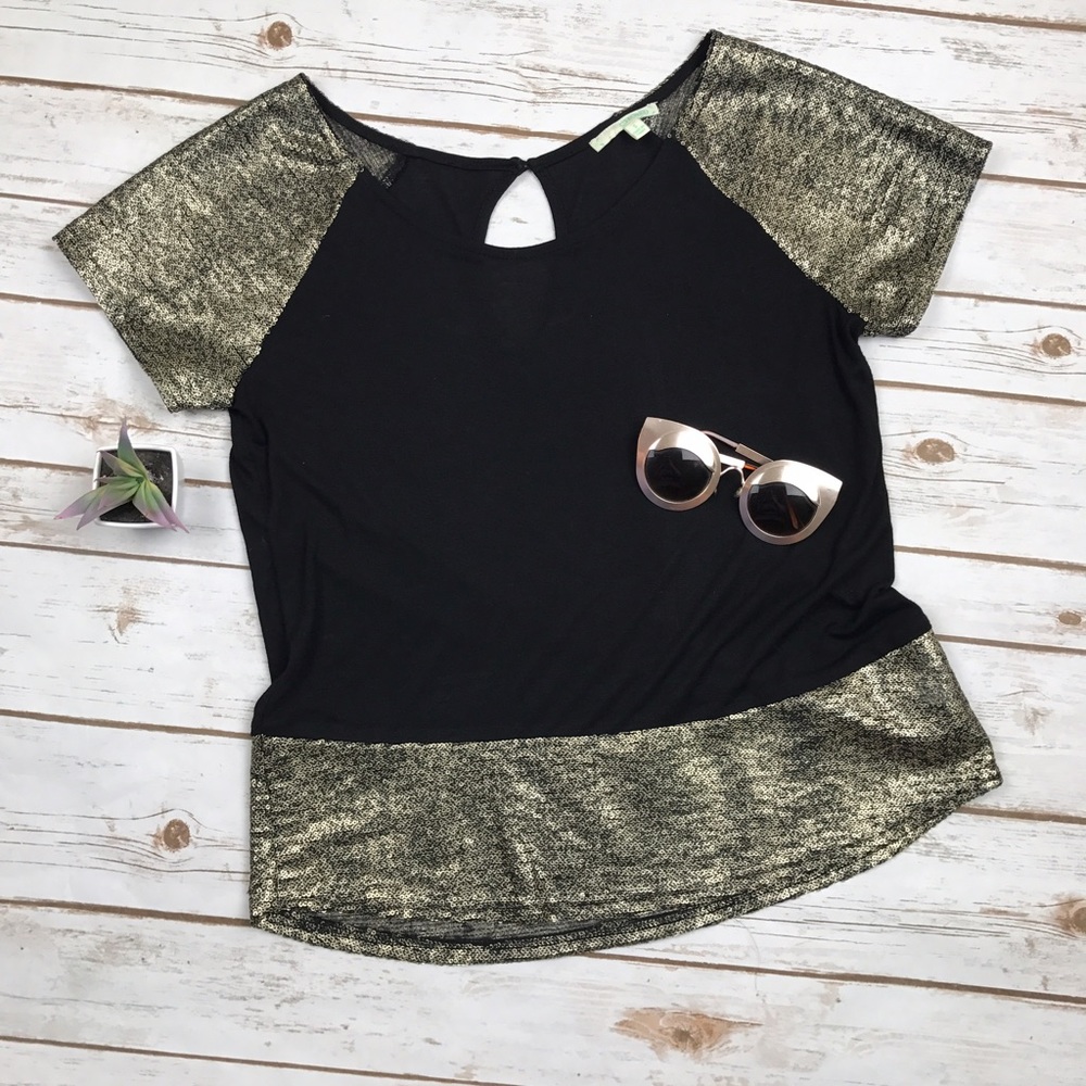 CHORD Holiday Gold Sequin Black Keyhole Top Small - Picture 1 of 4