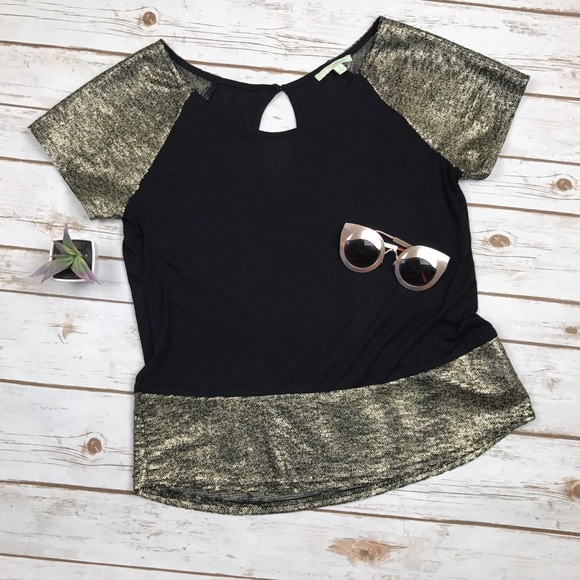 Anthropologie Tops - CHORD Holiday Gold Sequin Black Keyhole Top Small