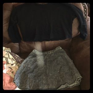 Denim skirt and sweatshirt crop top
