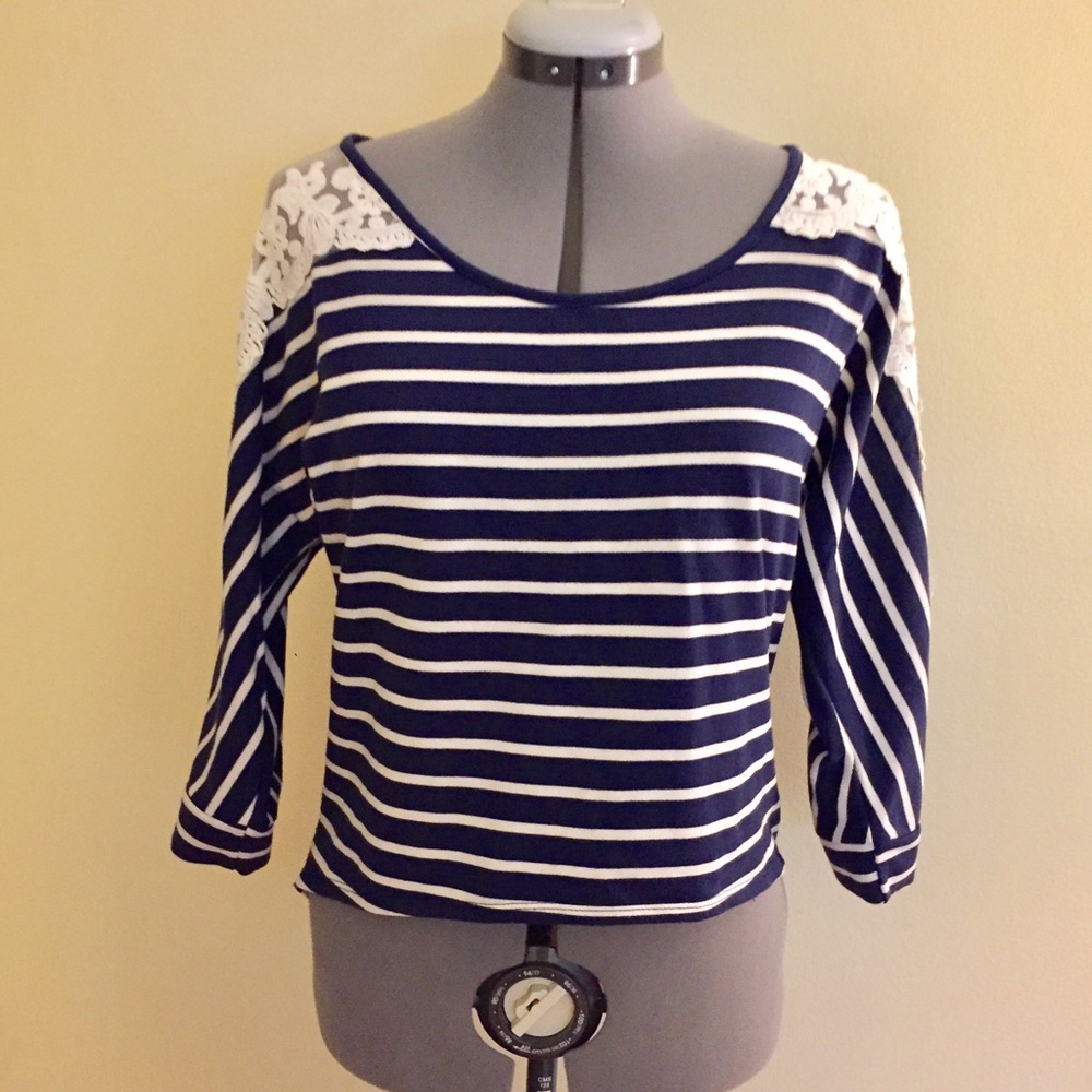 Maurice's navy/ivory dolman sweater w/ lace detail
