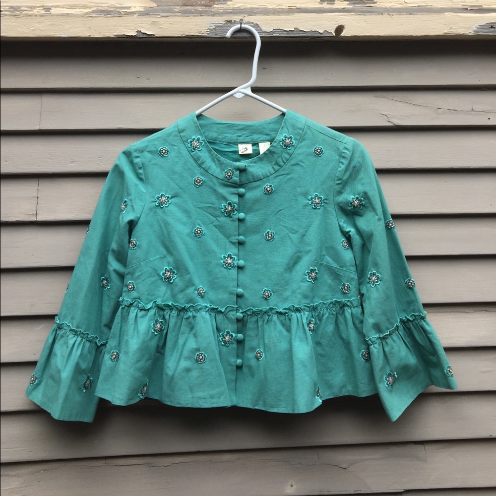 Odille Anthropologie teal beaded jacket floral