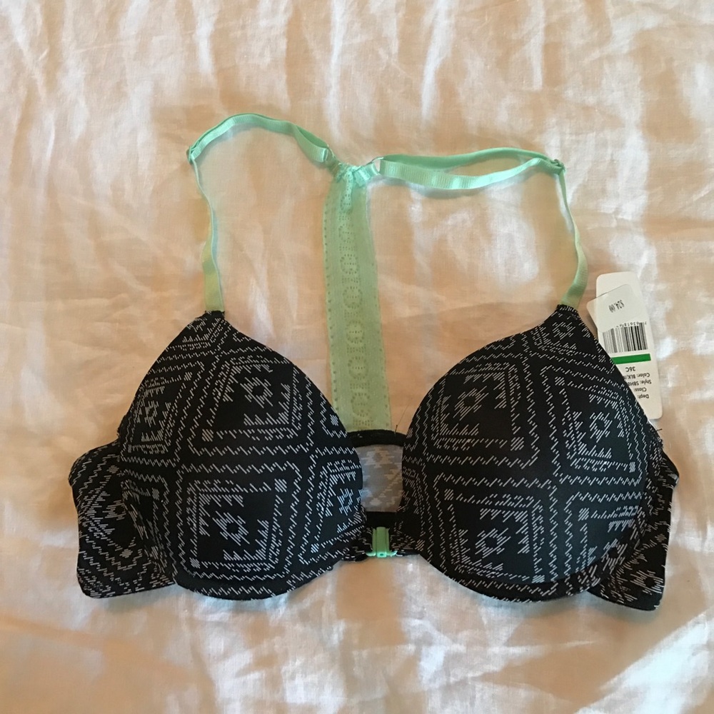 NWT black and turquoise lace push up bra 36C